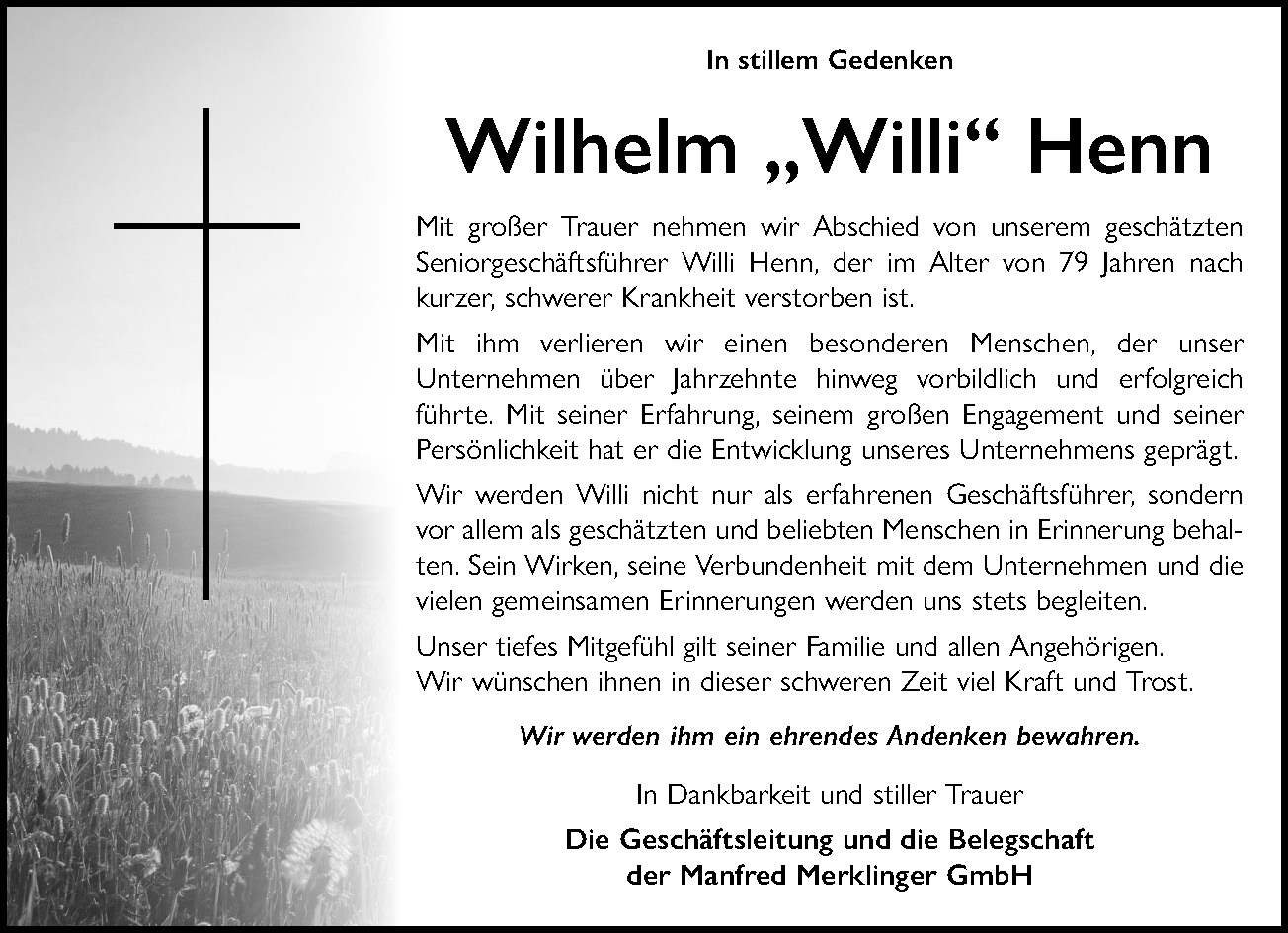 Traueranzeige Wilhelm Henn
