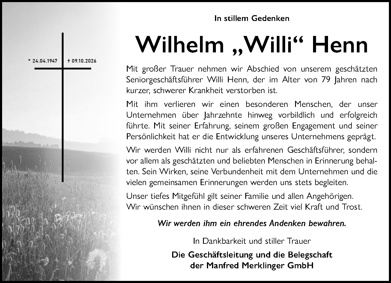 Traueranzeige Wilhelm Henn